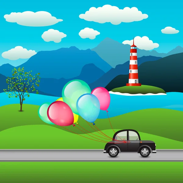 Carro preto e balões festivos — Vetor de Stock