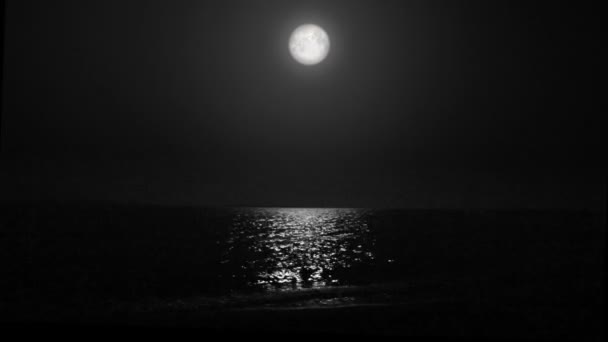 Moon over zee in de nacht. zwart-wit. — Stockvideo