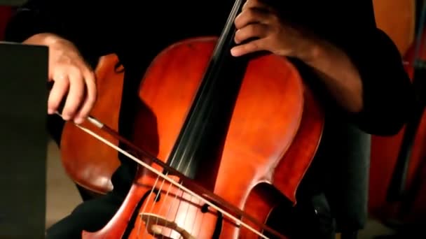 Expressive young woman plays cello sitting on stage, close-up — Stock Video