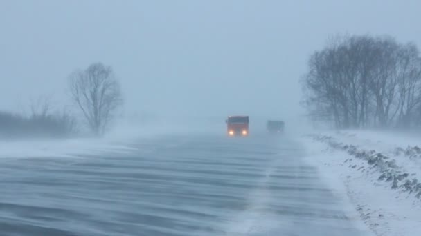Kar fırtınası sırasında kış yolda araba — Stok video