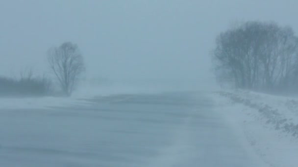 Coches en la carretera de invierno durante la ventisca — Vídeos de Stock