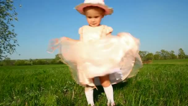 Happy little girl in dress on meadow — Stock Video