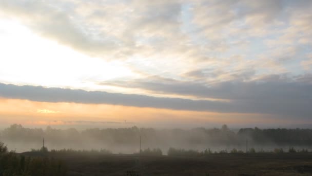 Landsbygdens dimma landskap med soluppgång över sjön — Stockvideo