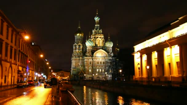 Salvador de la Sangre - Catedral de Cristo Salvador en San Petersburgo por la noche, timelapse — Vídeo de stock