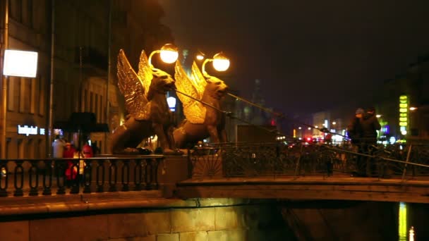 Grifoni sul ponte di San Pietroburgo di notte — Video Stock