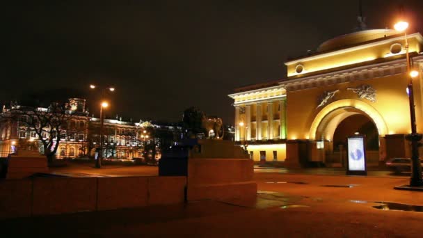 Statue de lion près de l'ermitage à Saint-Pétersbourg la nuit — Video