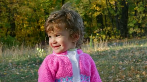 Baby girl in autumn park — Stock Video