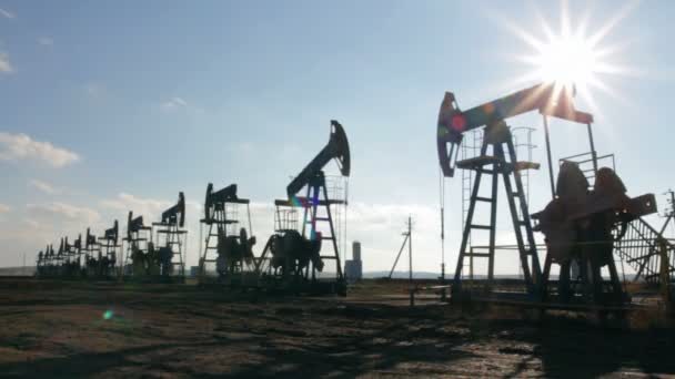 Εργασίας πετρελαίου αντλίες Σκιαγραφία ενάντια ήλιο - timelapse — Αρχείο Βίντεο