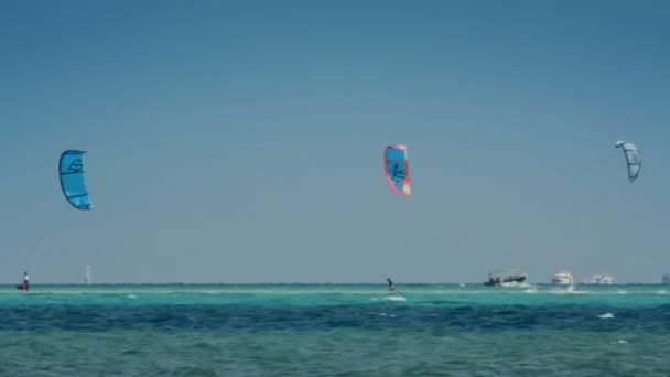 Kitesurfing - surfare på blå havet ytbehandlar — Stockvideo