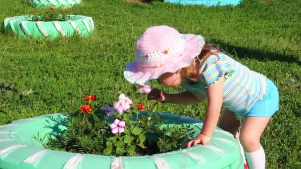 Маленькая девочка нюхает цветок — стоковое видео
