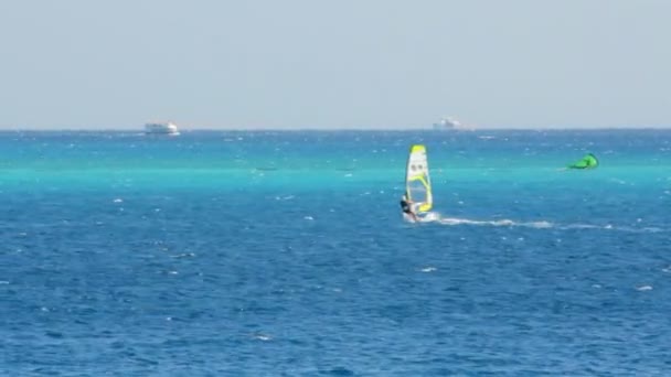 Windsurf - surfista en la superficie azul del mar — Vídeos de Stock