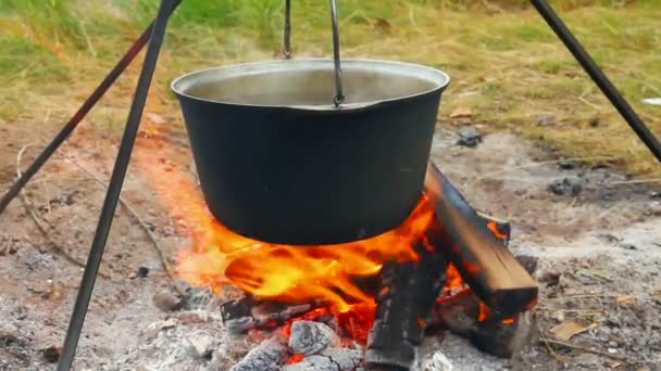 Vattenkokare över lägerelden — Stockvideo