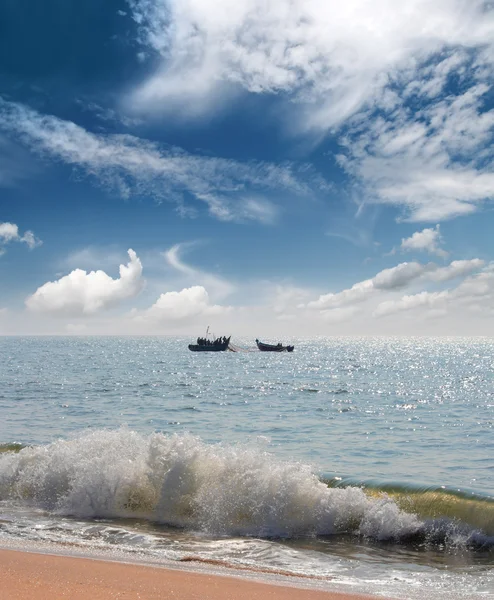 Landscape with fisherman boats in sea — Stock Photo, Image