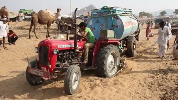 Tractor atrapado en la arena — Vídeo de stock