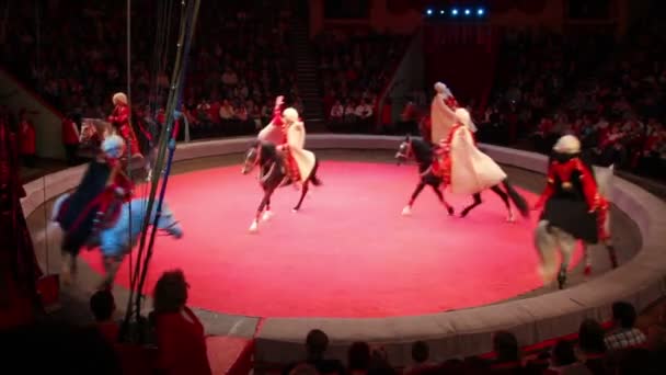 Acrobati di circo che fanno trucchi a cavallo — Video Stock