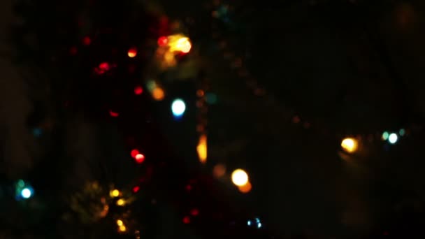 Geschmückter Weihnachtsbaum mit blinkenden Girlanden - wechselnder Fokus — Stockvideo