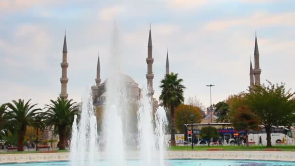 Sultanahmetmoskeen og fontenen i istanbulkalkun – stockvideo