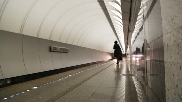 Train arrives at subway station Dostoevskaya in Moscow, — Stock Video