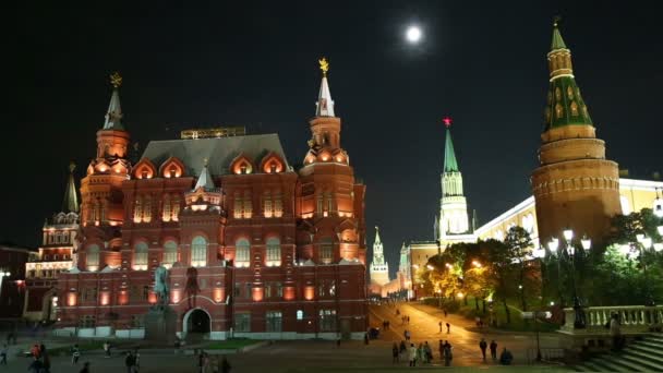 Russian Historical Museum on Red Square at nighrt in Moscow, Russia — Stock Video