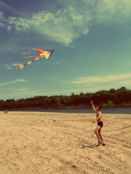 Asian boy running kite - vintage retro style — Stock Photo, Image