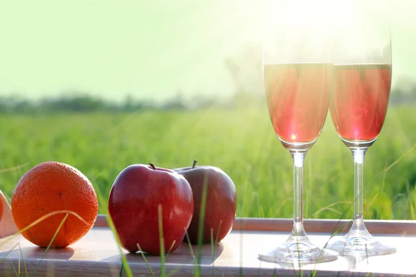 Picnic - tabe con frutta di vino e sole — Foto Stock