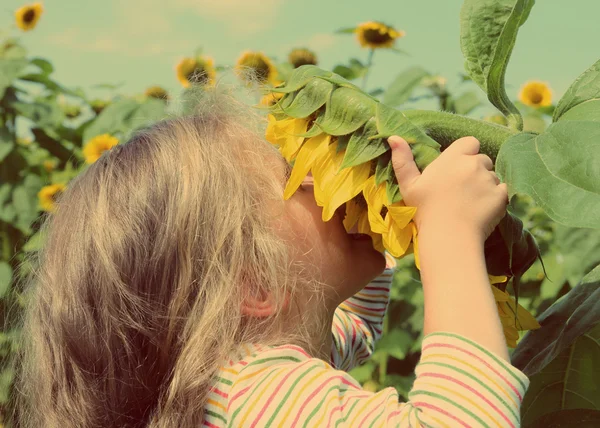 Little girl smelling sunflower - vintage retro style — Stock Photo, Image