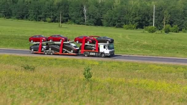 Camión transporta coches nuevos — Vídeos de Stock