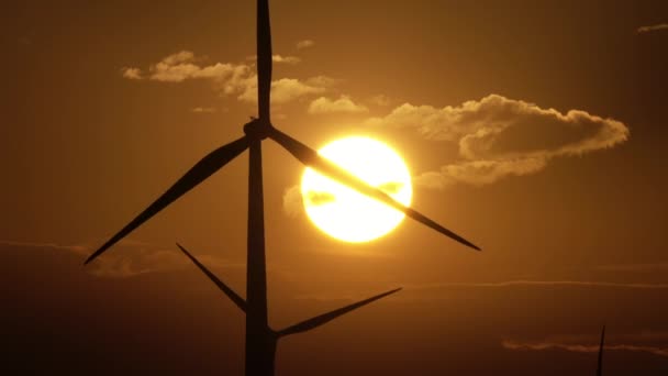 Větrné mlýny nebo větrné turbíny při východu slunce — Stock video
