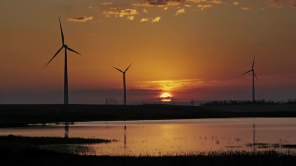 Windkraftanlagen bei Sonnenuntergang — Stockvideo