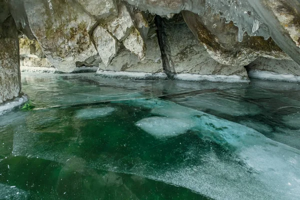 Ice Cave Baikal Lake Winter Clear Transparent Ice Icicles Grotto — Stock Photo, Image