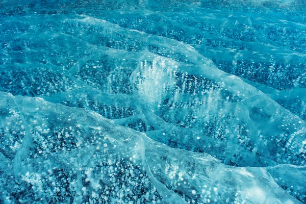 Hermoso Hielo Azul Transparente Burbujas Metano Congelado Textura Del Fondo — Foto de Stock