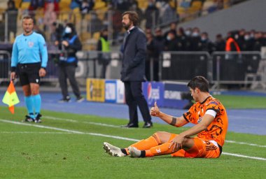 KYIV, UKRAINE - 20 Ekim 2020: Juventus 'tan Alvaro Morata UEFA Şampiyonlar Ligi maçında UEFA' nın UEFA Şampiyonlar Ligi 'nde Dinamo Kyiv ile Ukrayna' nın Kyiv kentindeki Olimpiyskyi Stadyumu 'nda oynamıştır. Juve 2-0 kazandı.