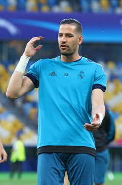 KYIV, UKRAINE - 25 Mayıs 2018: Real Madrid kalecisi Kiko Casilla UEFA Şampiyonlar Ligi final maçı öncesinde Kyiv 'deki NSC Olimpiyskiy Stadyumu' nda Liverpool 'a karşı antrenman yapıyor.