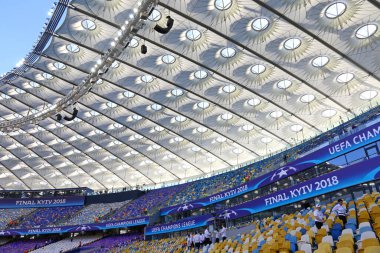 KYIV, UKRAINE - 26 Mayıs 2018: UEFA Şampiyonlar Ligi Finali öncesinde Kyiv 'deki NSC Olimpiyskiy Stadyumu tribünlerinin detayları