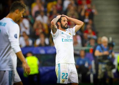 KYIV, UKRAINE - 26 Mayıs 2018: Kyiv 'deki NSC Olimpiyskiy Stadyumu' nda oynanan UEFA Şampiyonlar Ligi Finali 2018 karşılaşmasında Real Madrid 'li Isco tepki gösterdi. Real Madrid 3-1 kazandı.