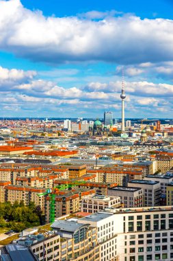 Berlin, Germany - September 22, 2019: Skyline aerial view of Berlin city. TV tower (Fernsehturm) at Alexanderplatz and Berliner Dom on background. Panorama of central Berlin Mitte