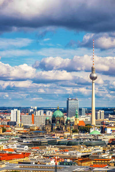 Berlin, Germany - September 22, 2019: Aerial view of Berlin skyline. TV tower (Fernsehturm) at Alexanderplatz and Berliner Dom. Central Berlin Mitte in autumn sunny day