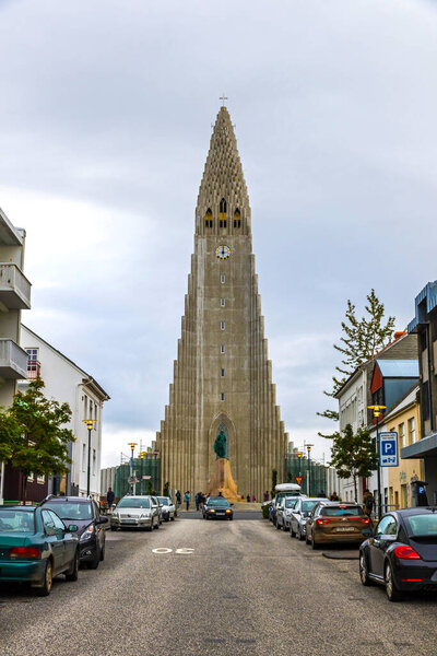 Reykjavik, Iceland - September 5, 2017: Hallgrimskirkja Cathedral, Lutheran parish church in Reykjavik, Iceland. At 74.5m high, it's the largest church in Iceland