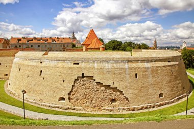 The bastion of the defensive walls of Vilnius, Lithuania. Fortification structure was built in 17 century. The part of the defensive wall around Vilnius. View from Basteja hill