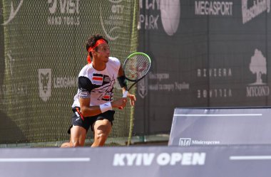 KYIV, UKRAINE - SEPTEMBER 7, 2021: Francesco FORTI of Italy in action during ATP Challenger Kyiv Open game against Ivan GAKHOV of Russia at Kyiv Tennis Park in Kyiv, Ukraine
