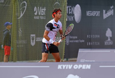KYIV, UKRAINE - SEPTEMBER 7, 2021: Francesco FORTI of Italy in action during ATP Challenger Kyiv Open game against Ivan GAKHOV of Russia at Kyiv Tennis Park in Kyiv, Ukraine