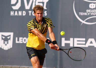 KYIV, UKRAINE - SEPTEMBER 7, 2021: Illya BELOBORODKO of Ukraine in action during ATP Challenger Kyiv Open game against Sebastian BAEZ of Argentina at Kyiv Tennis Park in Kyiv