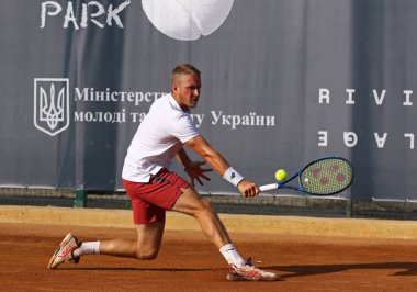 KYIV, UKRAINE - SEPTEMBER 7, 2021: Jelle SELS of Netherlands in action during ATP Challenger Kyiv Open game against Sergiy STAKHOVSKY of Ukraine at Kyiv Tennis Park in Kyiv