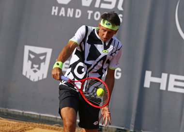 KYIV, UKRAINE - SEPTEMBER 7, 2021: Sergiy STAKHOVSKY of Ukraine in action during ATP Challenger Kyiv Open game against Jelle SELS of Netherlands at Kyiv Tennis Park in Kyiv