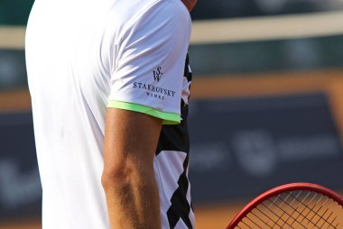 KYIV, UKRAINE - SEPTEMBER 7, 2021: STAKHOVSKY WINES ad on the t-shirt of Ukrainian player Sergiy STAKHOVSKY seen during his ATP Challenger Kyiv Open game against Jelle SELS (NED) at Kyiv Tennis Park