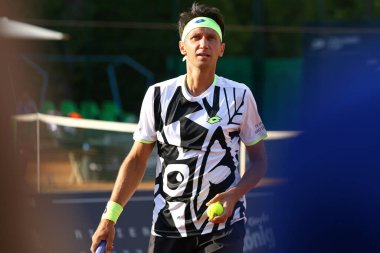 KYIV, UKRAINE - SEPTEMBER 7, 2021: Sergiy STAKHOVSKY of Ukraine in action during ATP Challenger Kyiv Open game against Jelle SELS of Netherlands at Kyiv Tennis Park in Kyiv