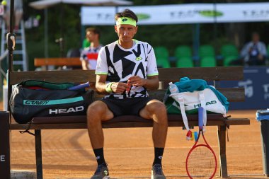 KYIV, UKRAINE - SEPTEMBER 7, 2021: Portrait of player Sergiy STAKHOVSKY of Ukraine seen during the ATP Challenger Kyiv Open game against Jelle SELS of Netherlands at Kyiv Tennis Park in Kyiv, Ukraine
