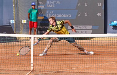KYIV, UKRAINE - SEPTEMBER 7, 2021: Illya BELOBORODKO of Ukraine in action during ATP Challenger Kyiv Open game against Sebastian BAEZ of Argentina at Kyiv Tennis Park in Kyiv