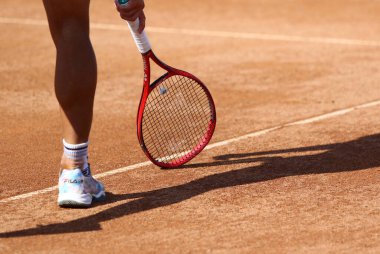 KYIV, UKRAINE - SEPTEMBER 7, 2021: Sebastian BAEZ of Argentina shows the ball mark on a clay court during ATP Challenger Kyiv Open game against Illya BELOBORODKO of Ukraine at Kyiv Tennis Park in Kyiv