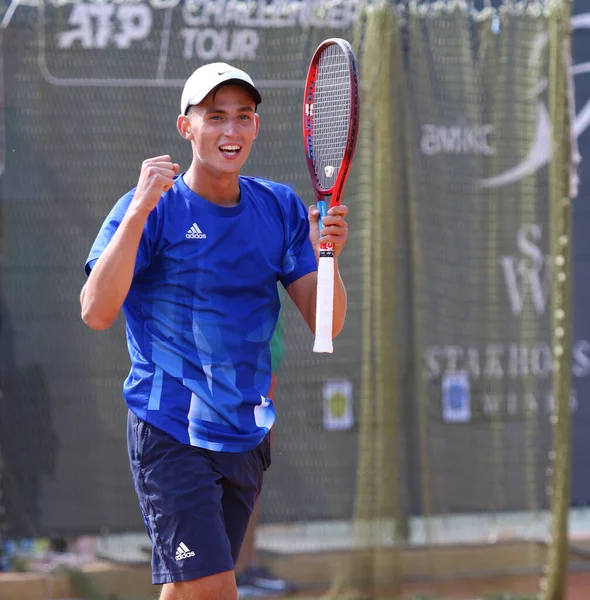 KYIV, UKRAINE - SEPTEMBER 7, 2021: Georgii KRAVCHENKO of Ukraine reacts after won the ATP Challenger Kyiv Open game against Joris DE LOORE of Belgium at Kyiv Tennis Park in Kyiv, Ukraine